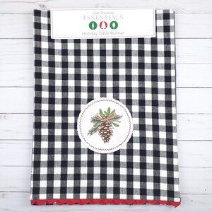 Holiday Table Runner 13x72 Buffalo Plaid Pinecone Winter Black White